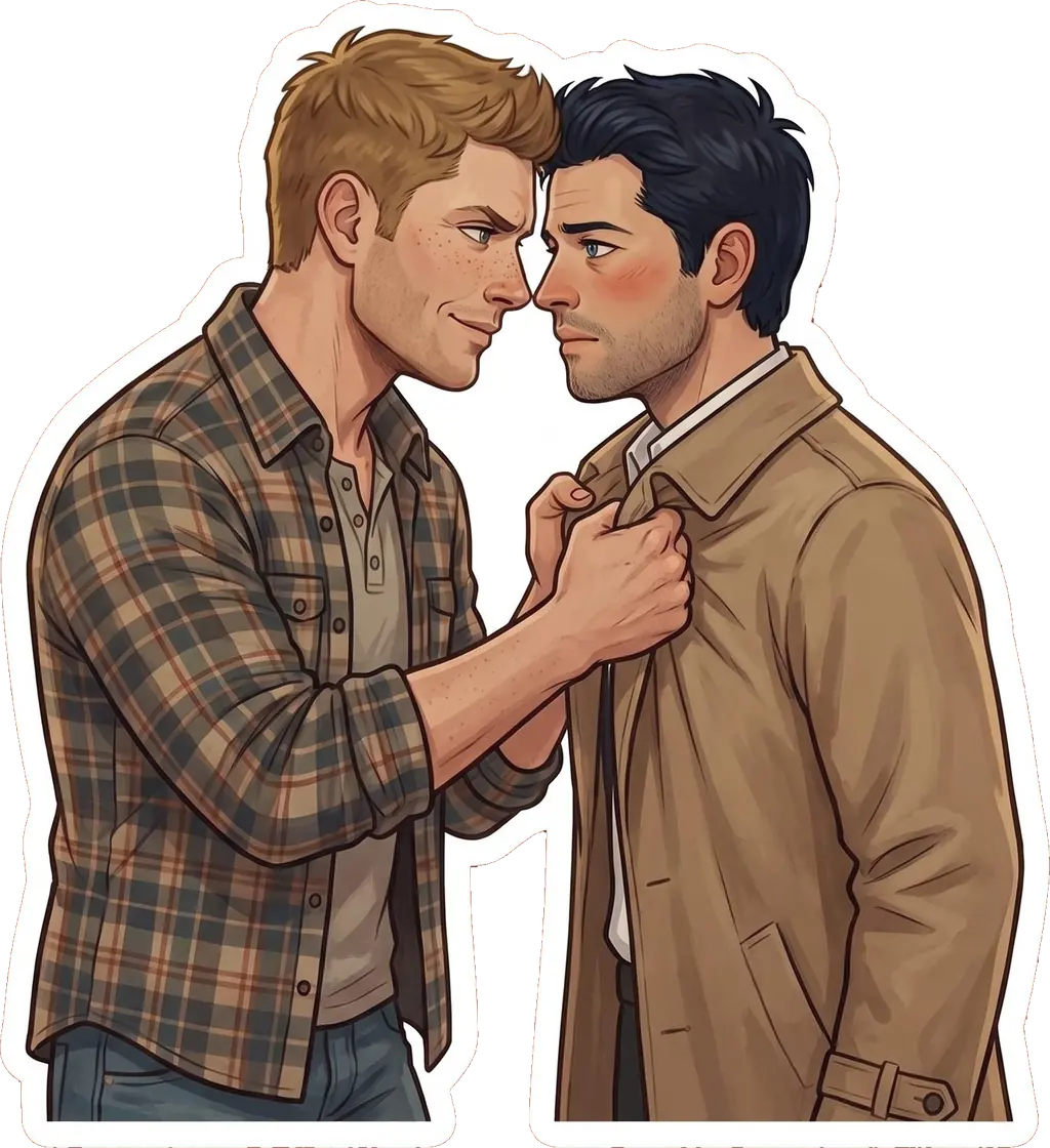 Dean tightly grips the lapels of Castiel's trench coat as they pull together for an almost kiss.