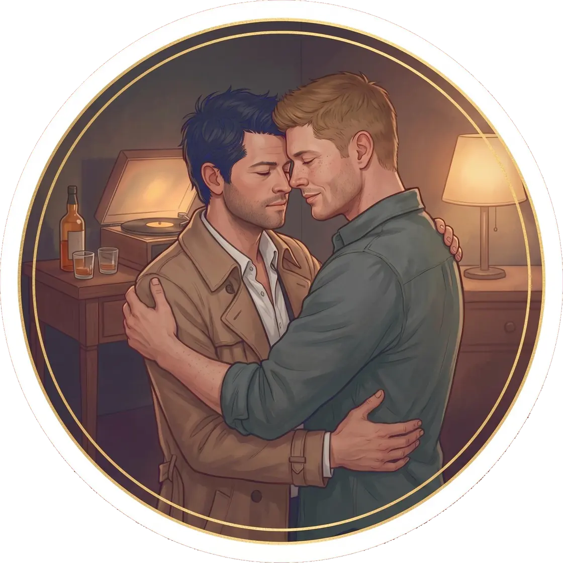 Dean and Castiel hold each other close for a peaceful slow dance in the quiet library of the bunker.