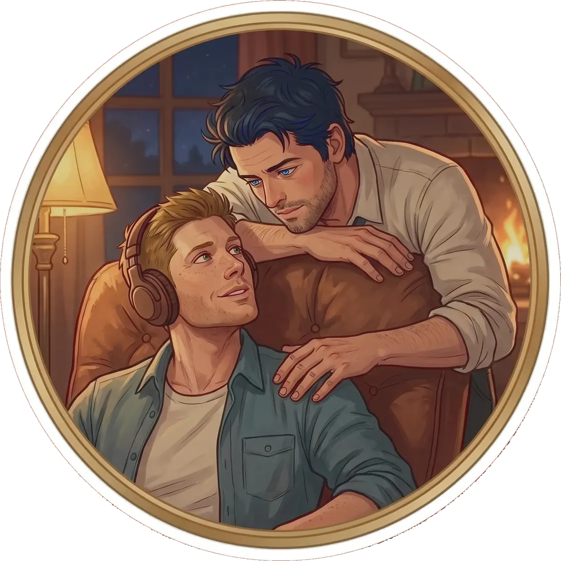 Dean relaxes in a library armchair while sharing a pair of music headphones with a cozy Castiel.