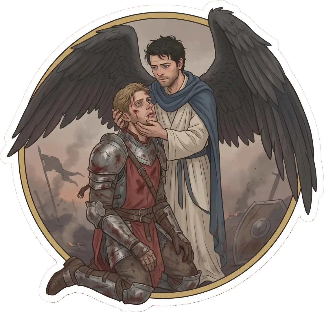 Dean stands ready in shining knight armor beside his celestial warrior angel during an epic battlefield clash.