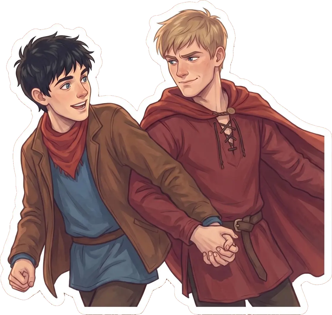 Arthur firmly grabs Merlin by the hand to pull him quickly out of a dangerous situation.