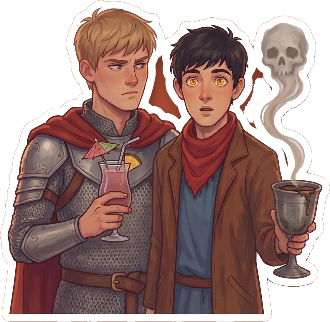 Merlin covertly swaps his poisoned goblet with Arthur during a lively royal banquet scene.