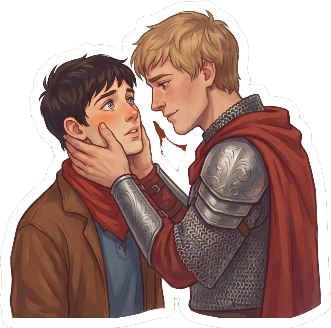 Arthur gently cradles his servant's face in his hands during a quiet moment of profound emotional connection.