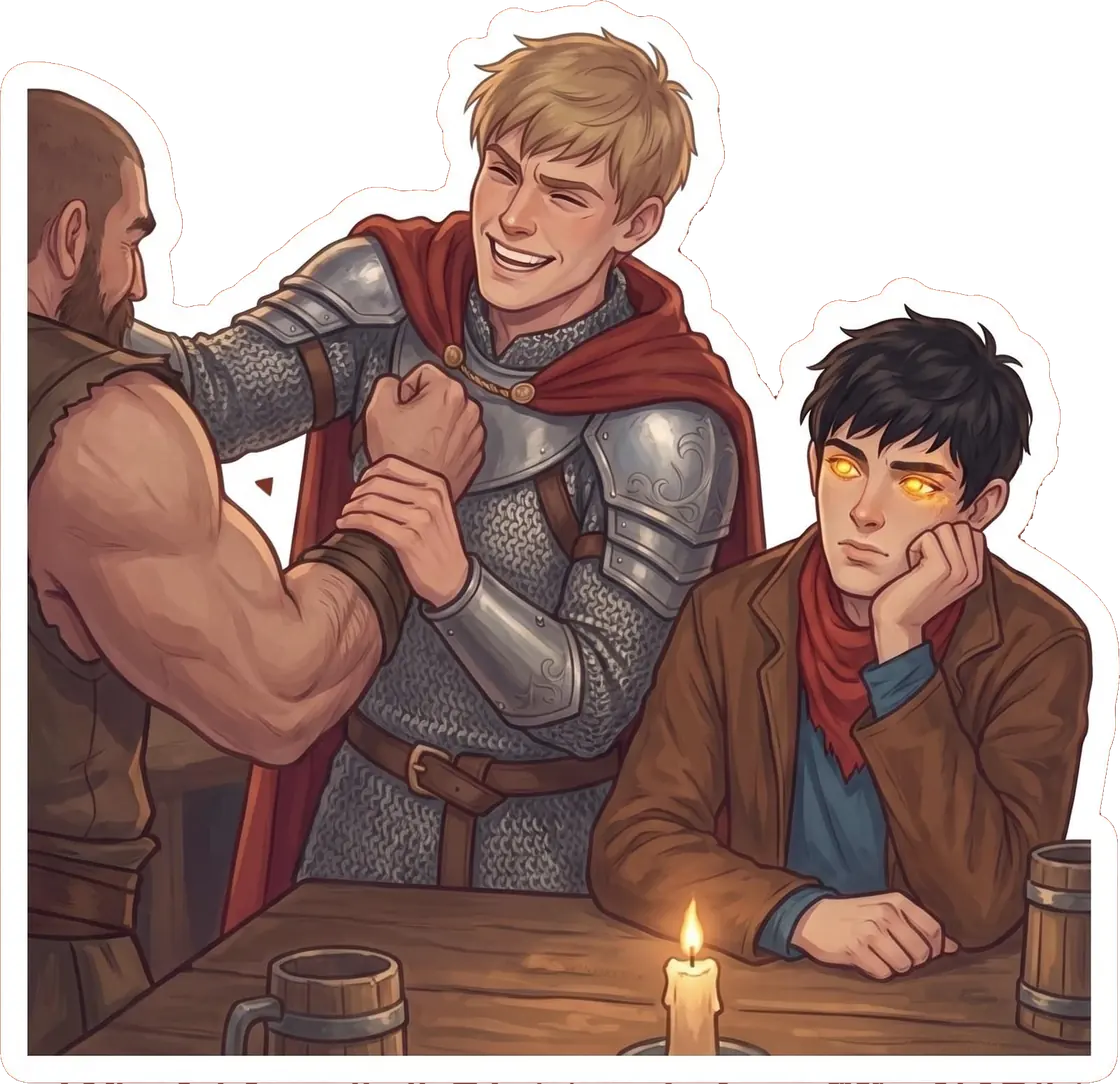 Merlin uses his golden-eyed magic to subtly assist Arthur during a highly competitive tavern arm wrestling match.