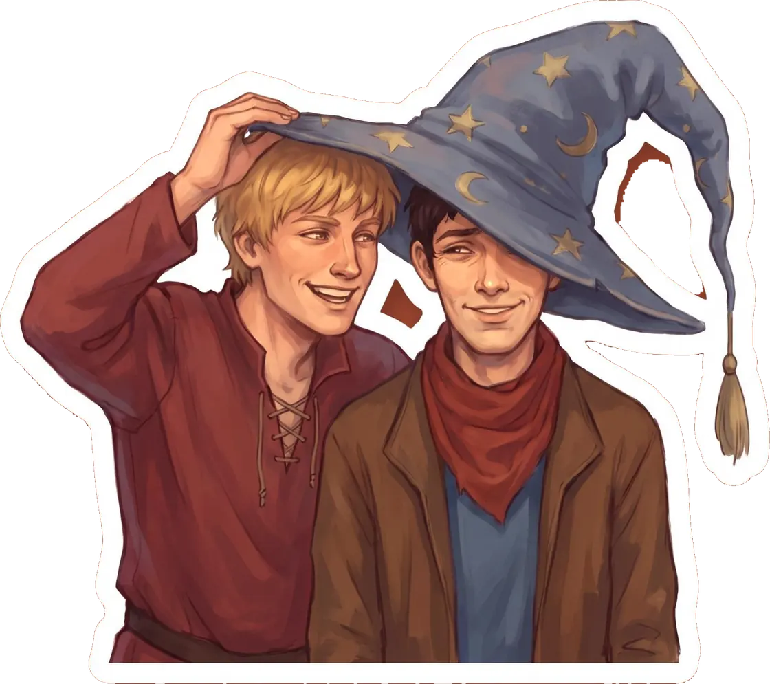 Arthur discovers a ridiculously oversized pointed sorcerer's hat and teasingly tries it on his hapless servant.