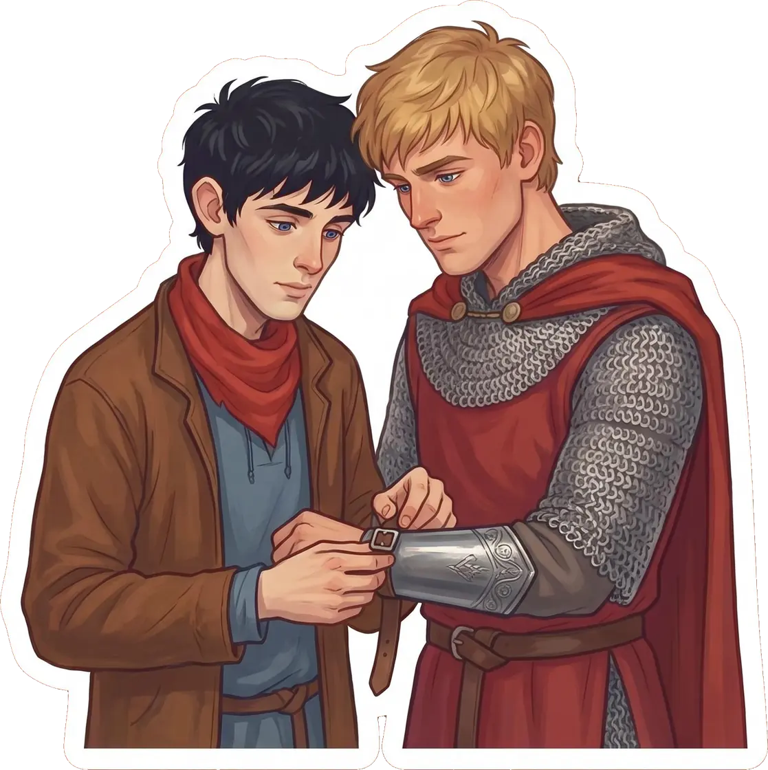 Merlin carefully helps Arthur into his shining chainmail and armor before a grand royal tournament.