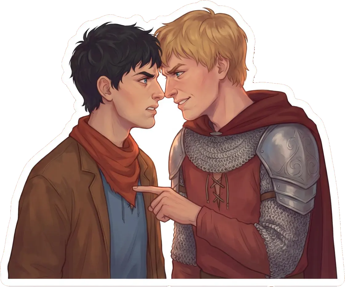 Arthur and Merlin stand close together bickering in a classic nose-to-nose argument.