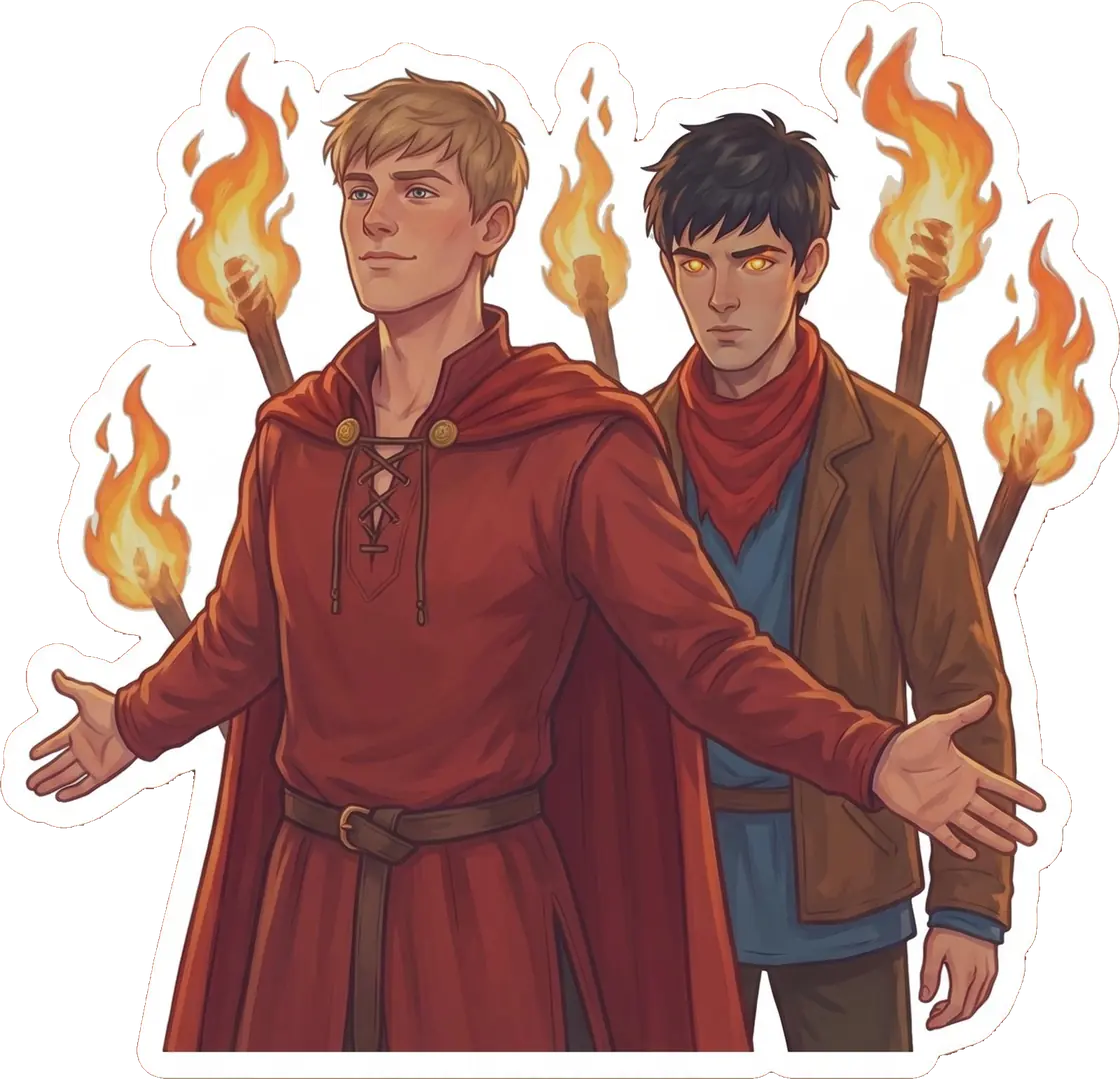 Merlin covertly uses his golden-eyed magic in the background while Arthur delivers a rousing speech.
