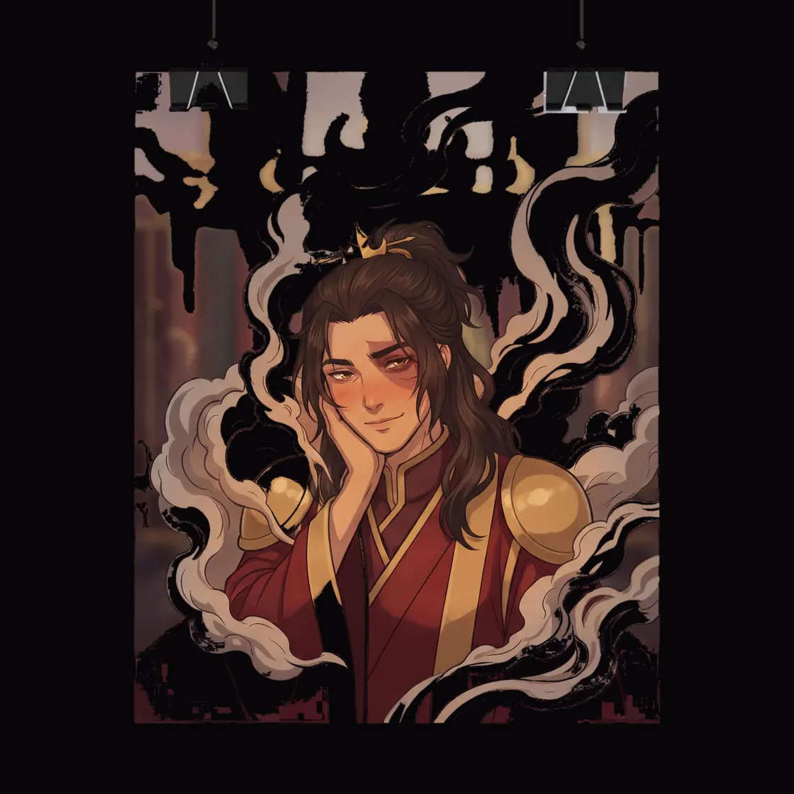 Fire Lord Zuko offers a rare and gentle smile with a soft blush spreading across his usually serious face.