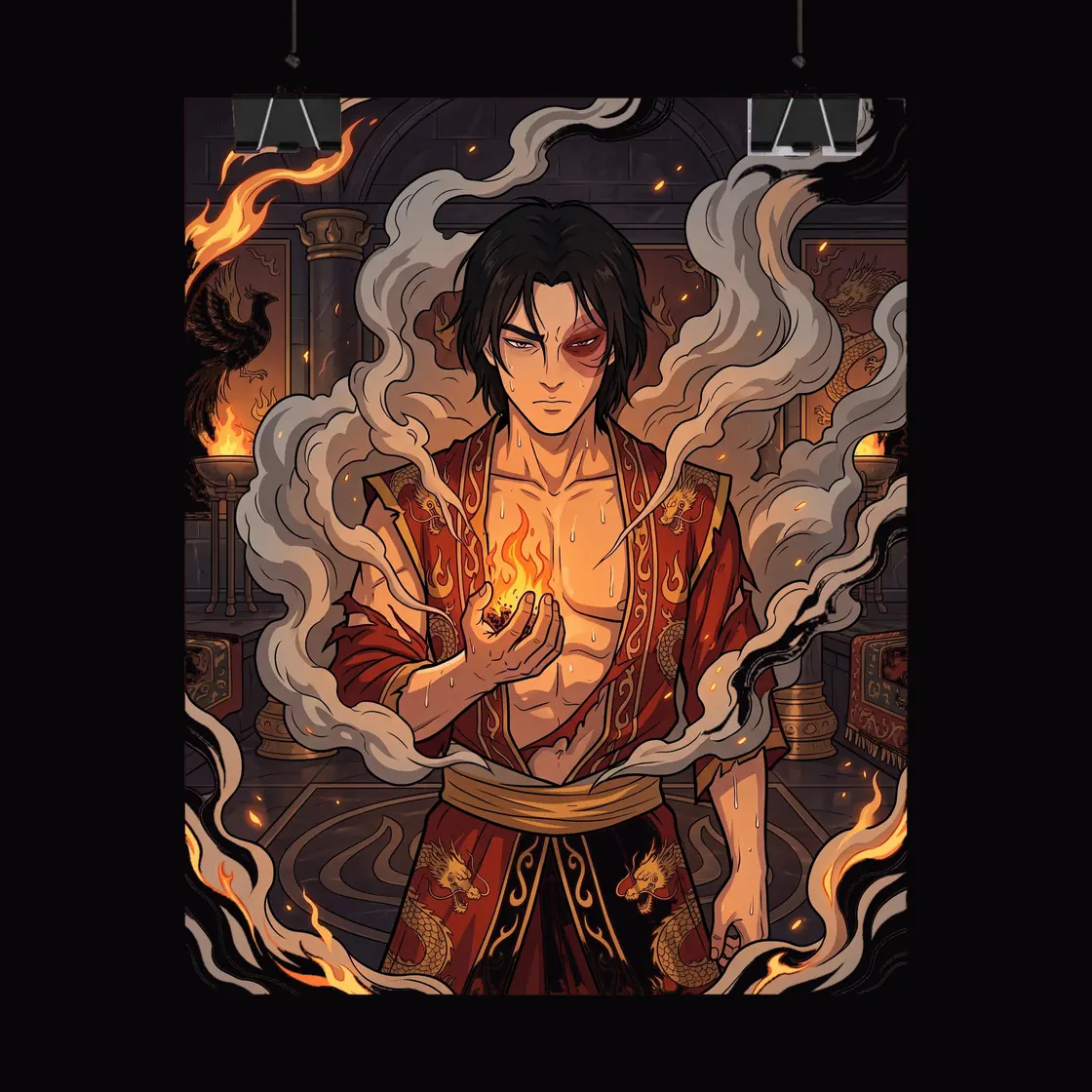 Zuko stands with quiet confidence as steam curls around him to highlight his mastery and control over his inner fire.