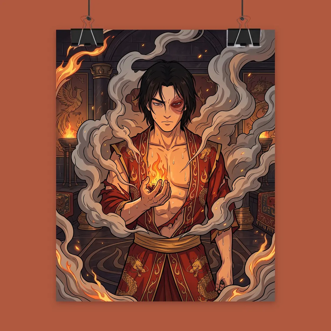 Zuko stands with quiet confidence as steam curls around him to highlight his mastery and control over his inner fire., view 2