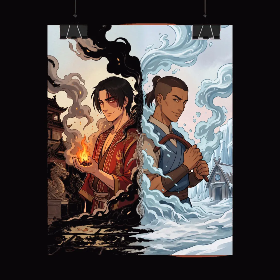 Zuko and Sokka stand side by side with their contrasting elements blending together in a bright and dynamic display.