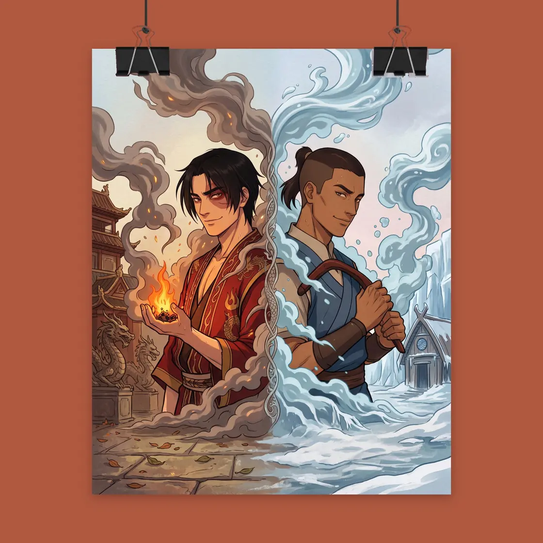 Zuko and Sokka stand side by side with their contrasting elements blending together in a bright and dynamic display., view 2