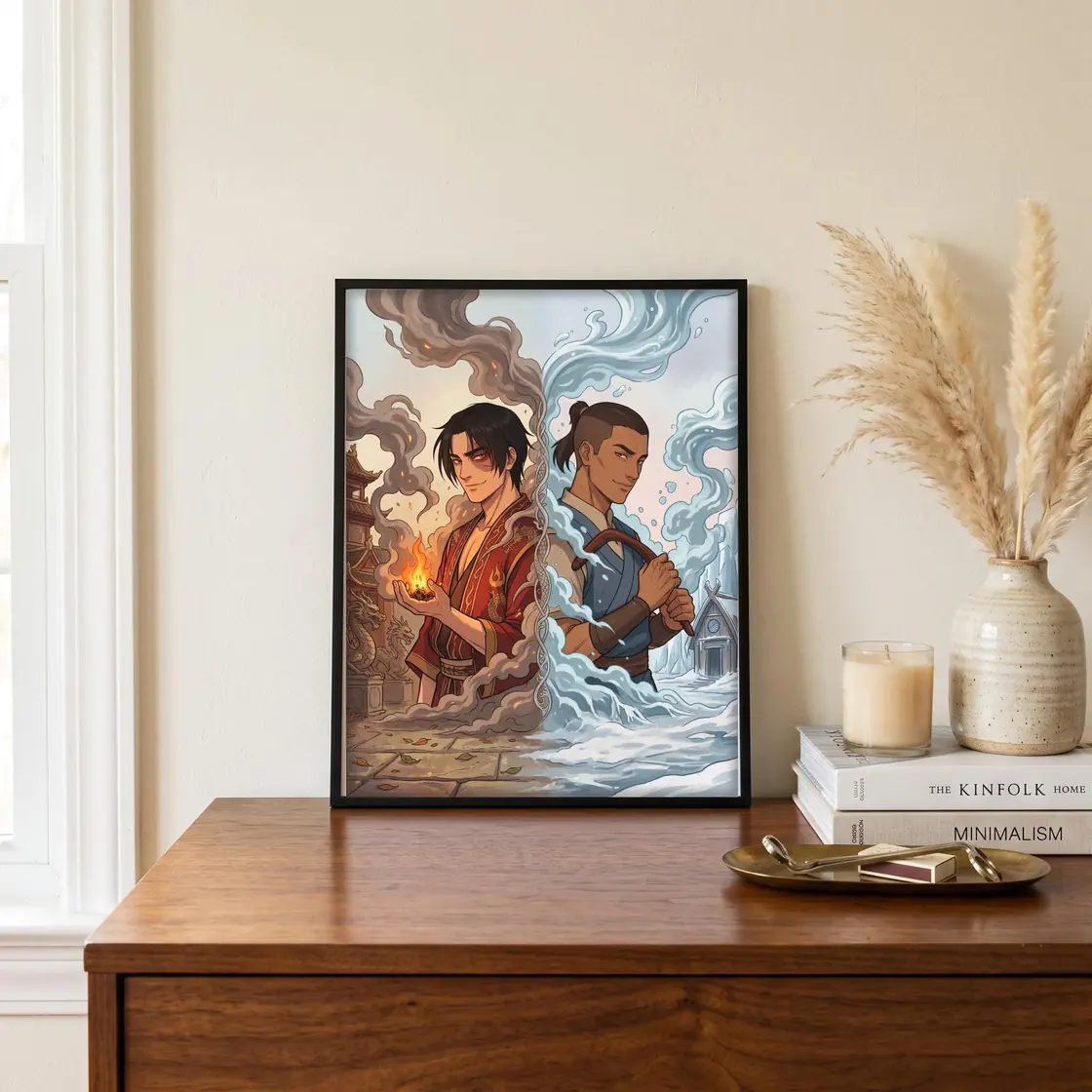 Zuko and Sokka stand side by side with their contrasting elements blending together in a bright and dynamic display., view 4