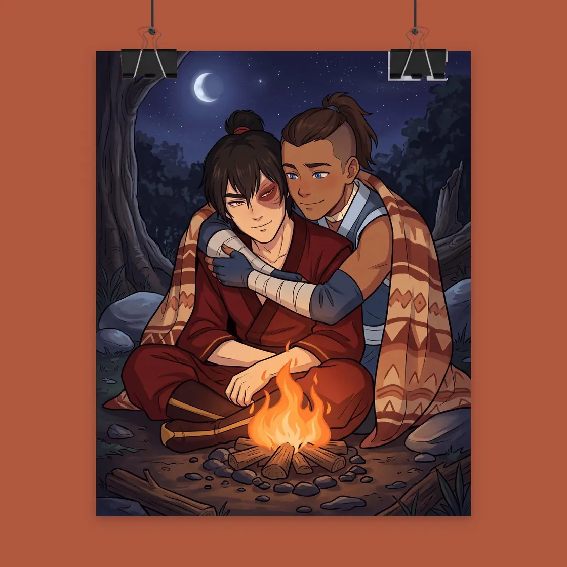Zuko wraps his arms around Sokka from behind as they sit together by a warm and flickering campfire., view 2