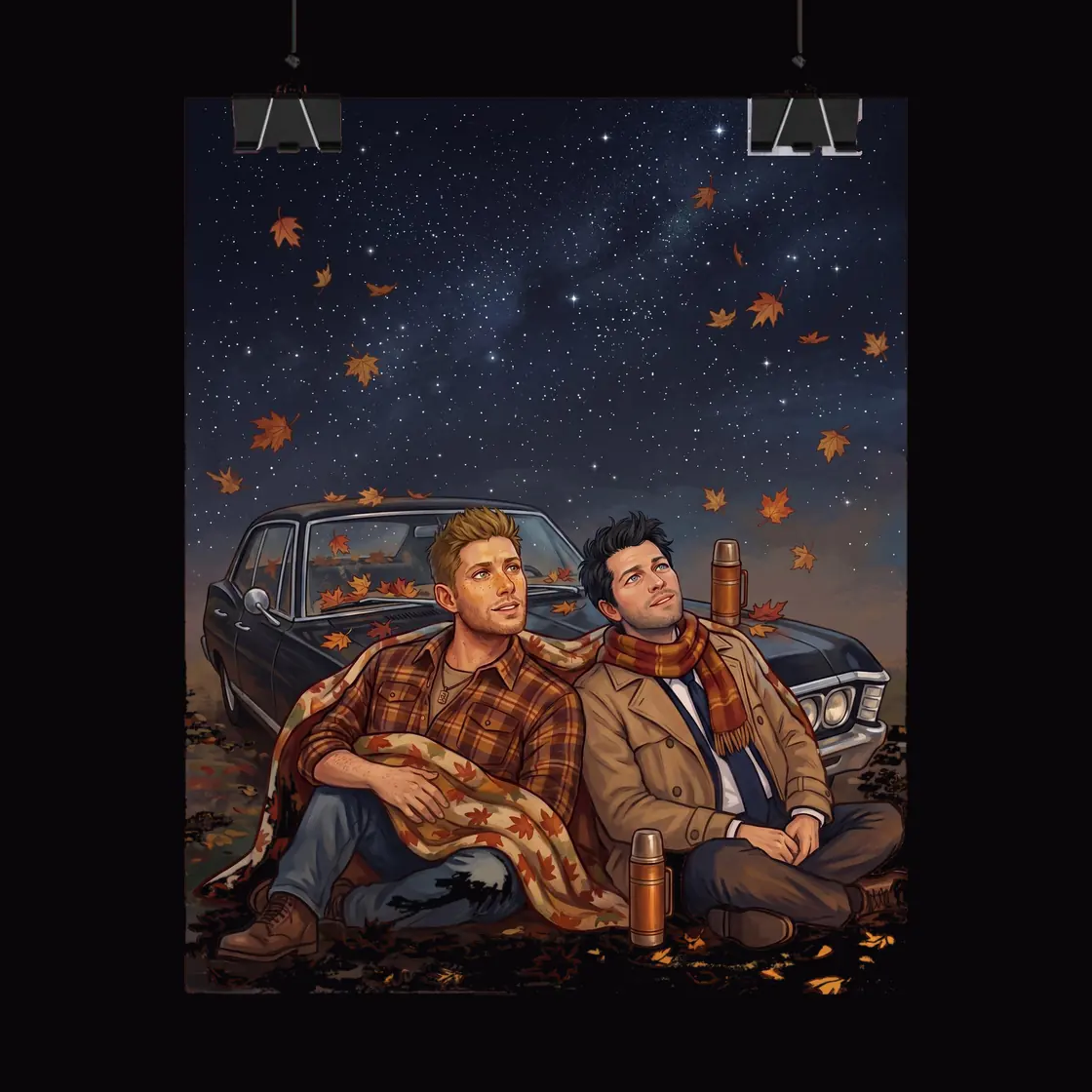 Dean and Castiel lean against the hood of the Impala together to watch the quiet night sky overhead.