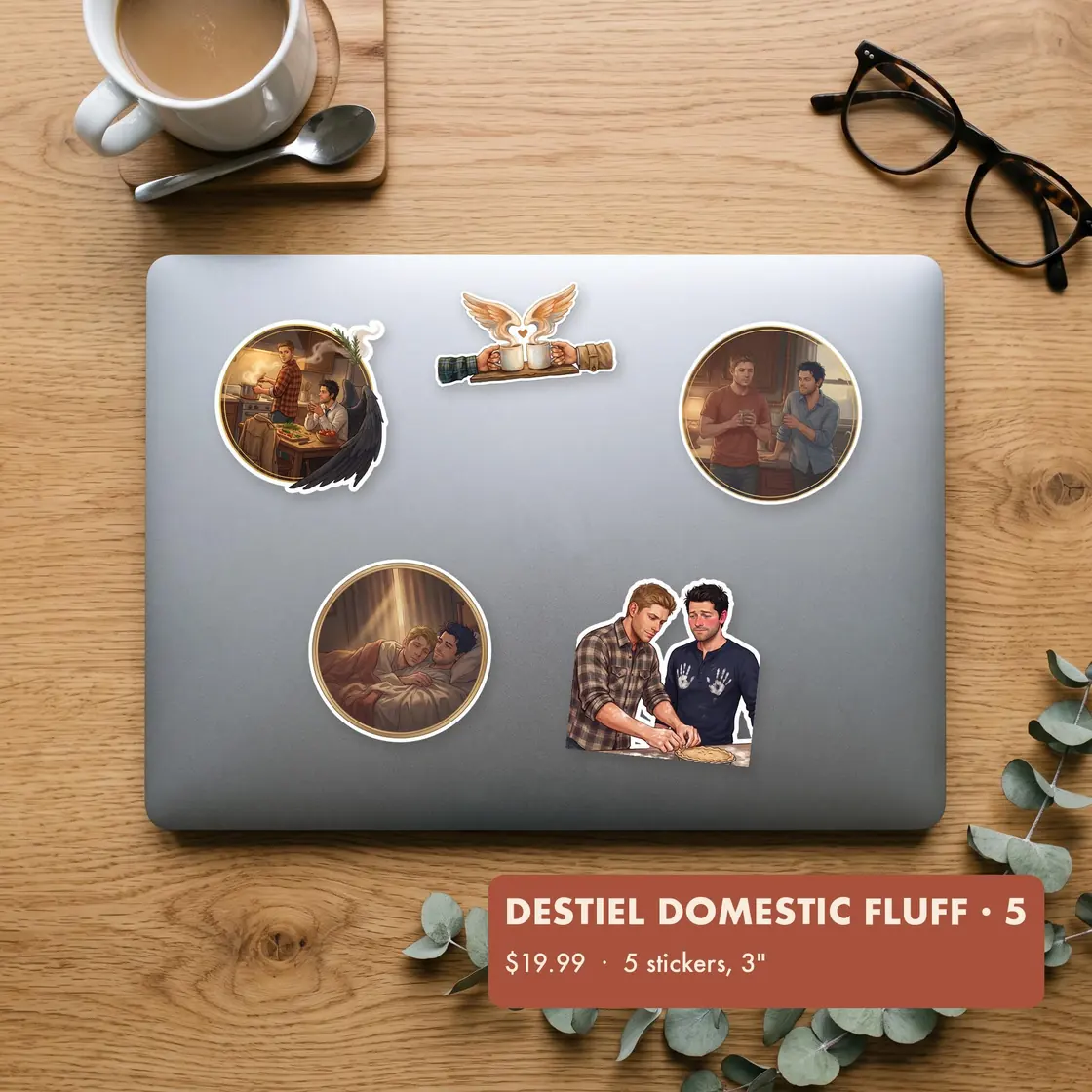 A cozy collection of five designs featuring Dean and Cas sharing quiet mornings and warm coffee in the bunker kitchen.