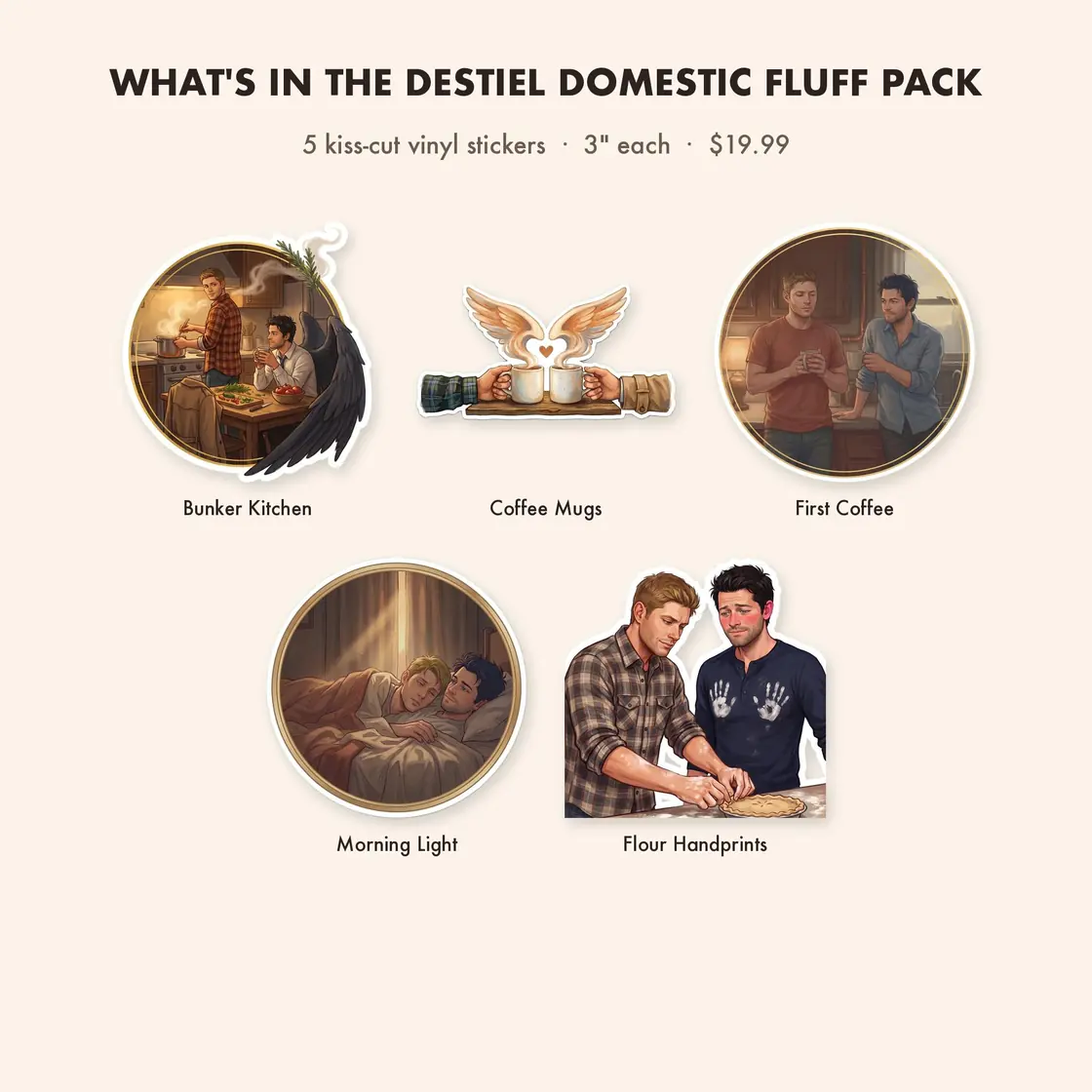 A cozy collection of five designs featuring Dean and Cas sharing quiet mornings and warm coffee in the bunker kitchen., view 3