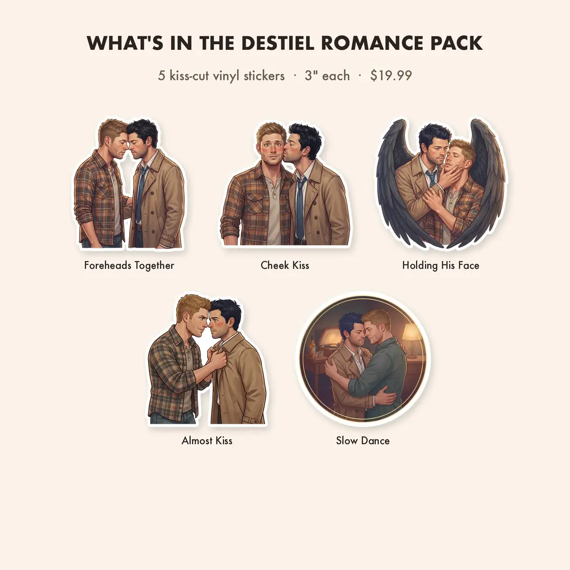 A tender five-piece assortment showcasing the deep affection and quiet romantic tension shared between Dean and Castiel., view 3