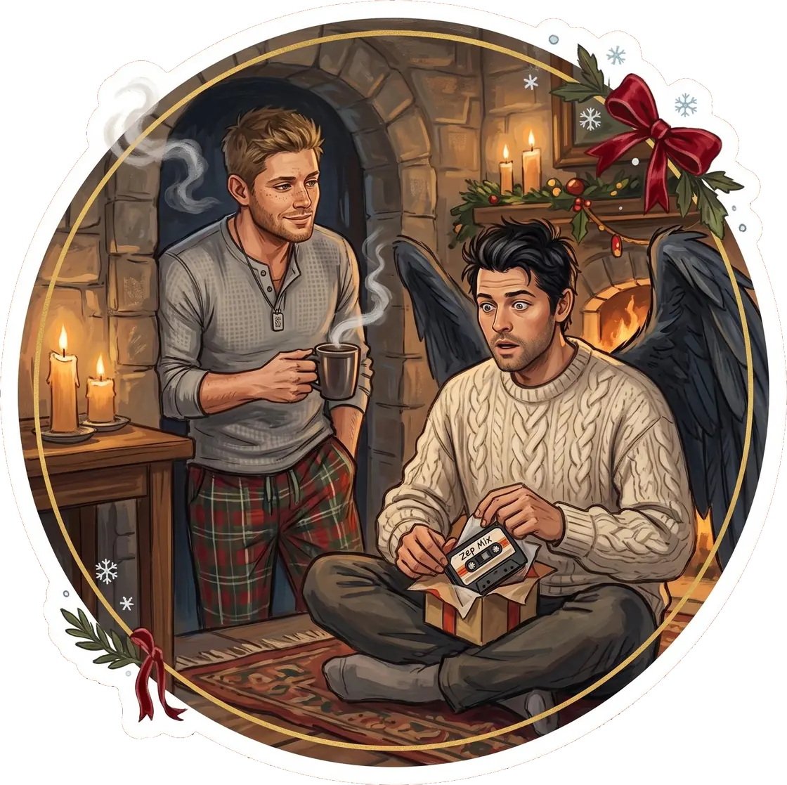 Castiel carefully unwraps a handmade cassette tape gifted to him by Dean on Christmas morning.