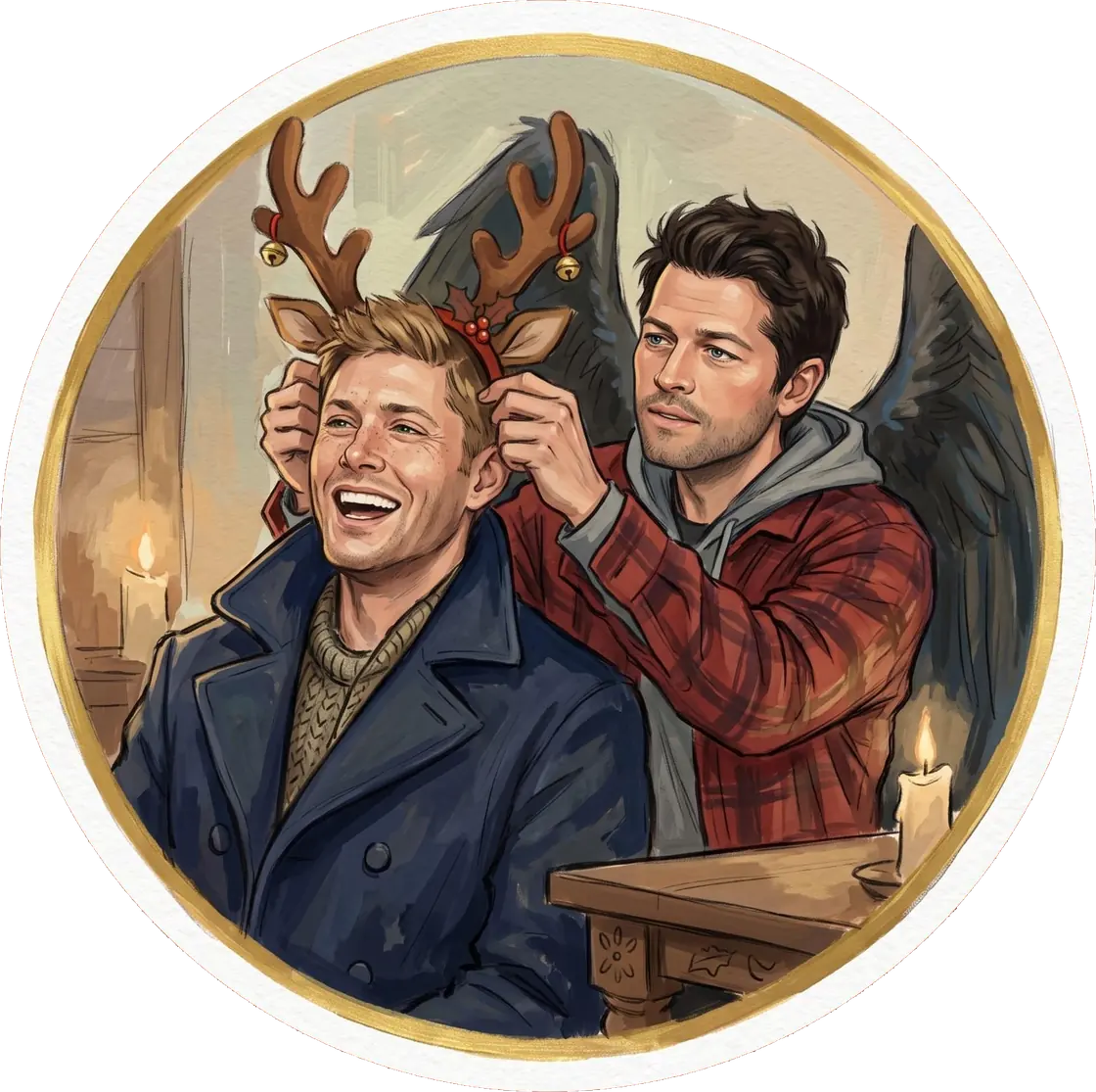 Castiel gently places a fuzzy pair of holiday reindeer antlers on a very grumpy Dean.