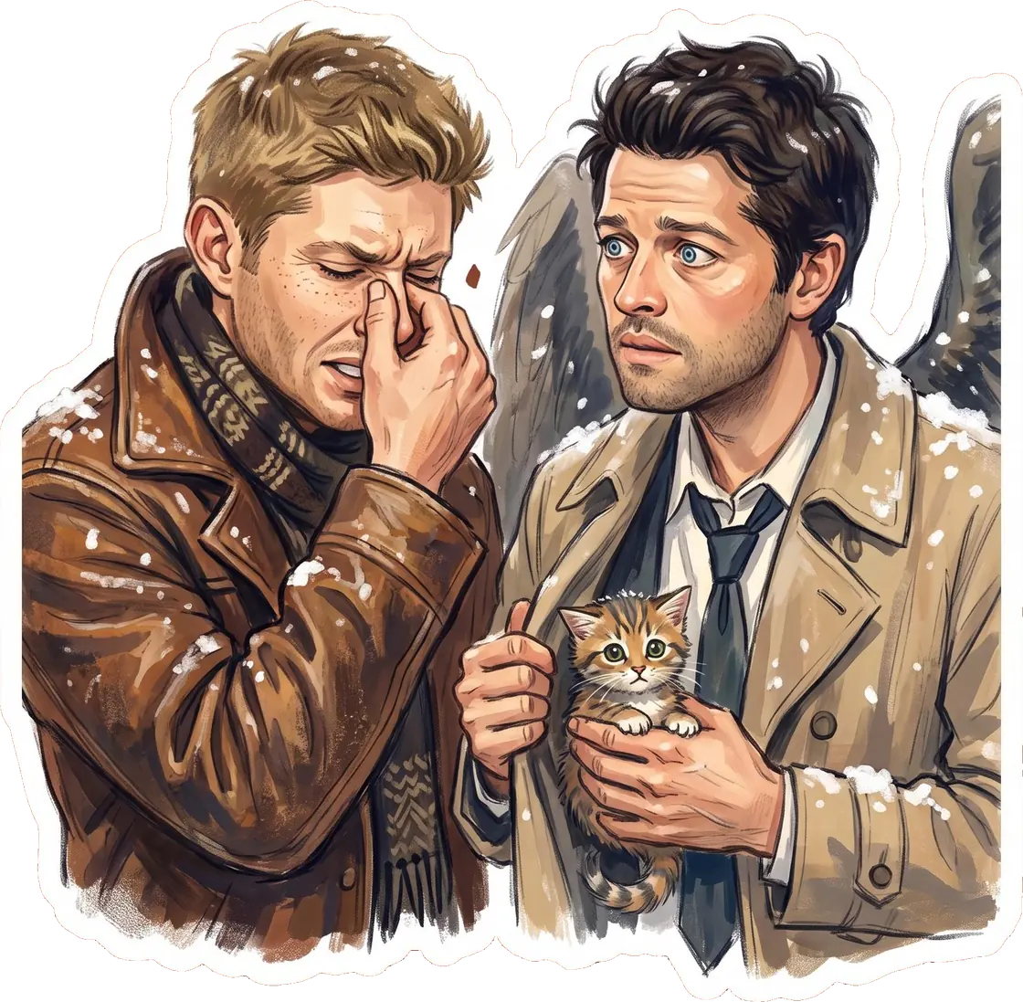 Castiel holds up a tiny rescued kitten from the snowy cold while Dean looks on with fond resignation.