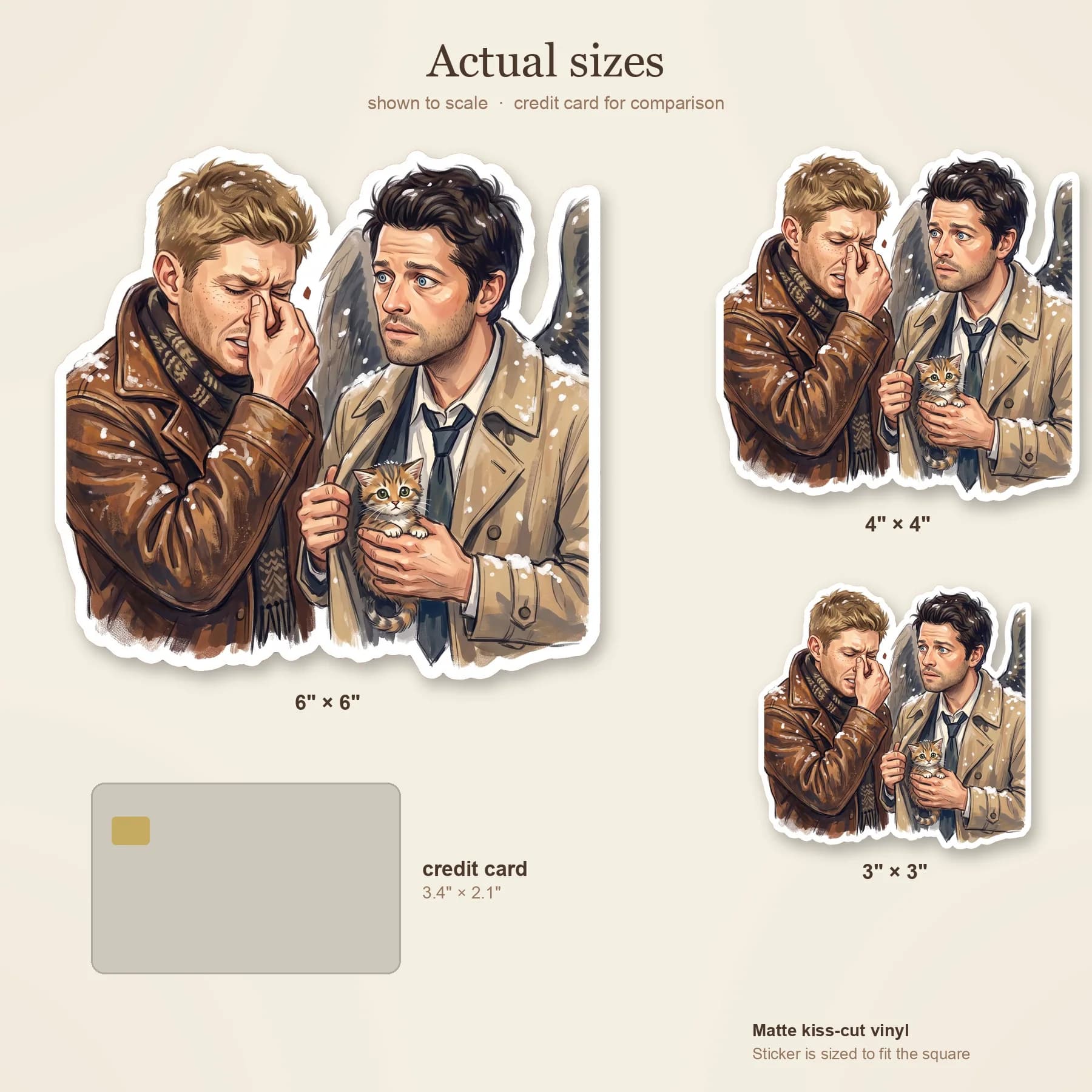 Castiel holds up a tiny rescued kitten from the snowy cold while Dean looks on with fond resignation., view 3