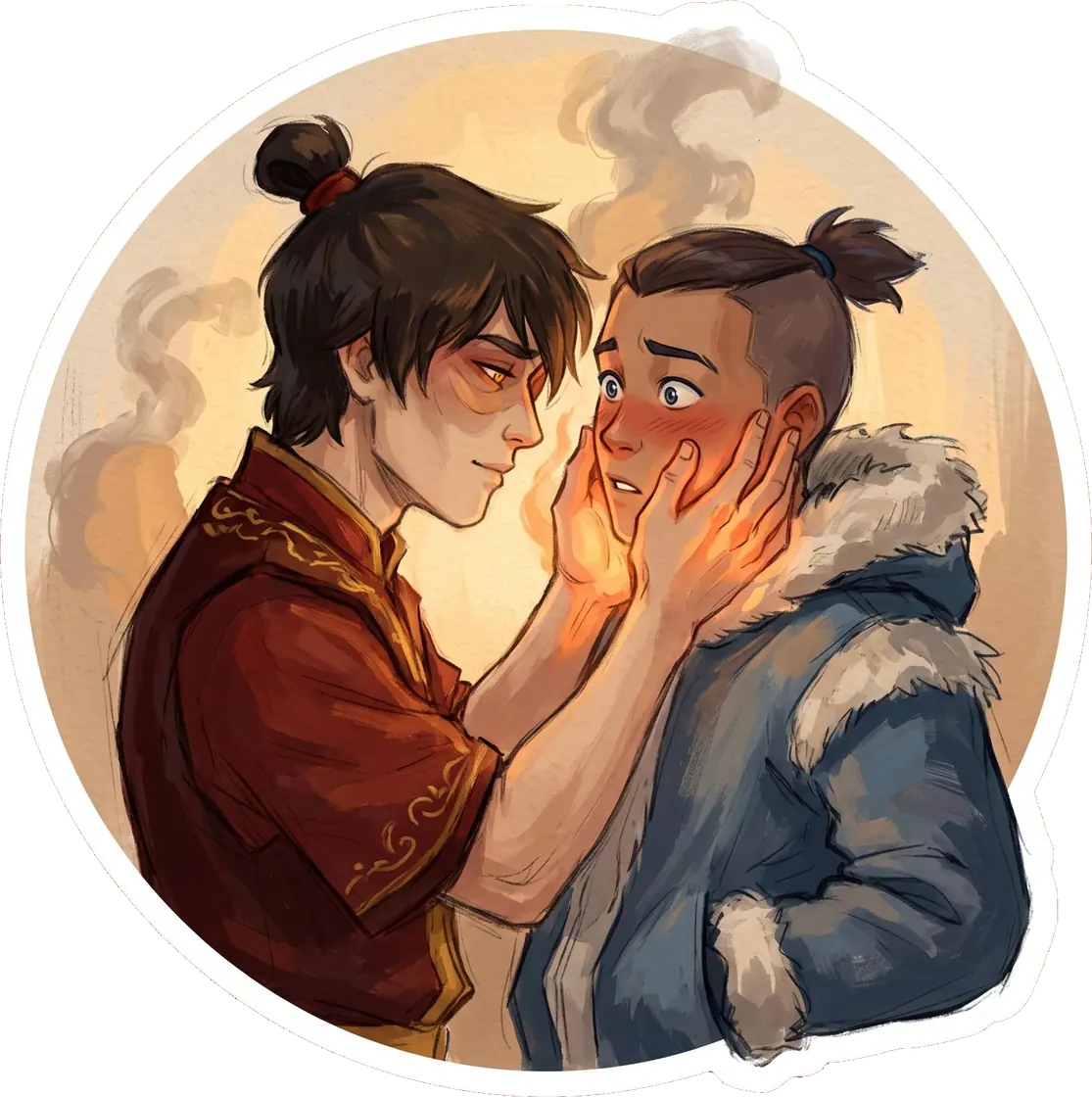 Zuko gently presses his naturally warm firebending hands against Sokka's freezing cheeks to thaw him out.