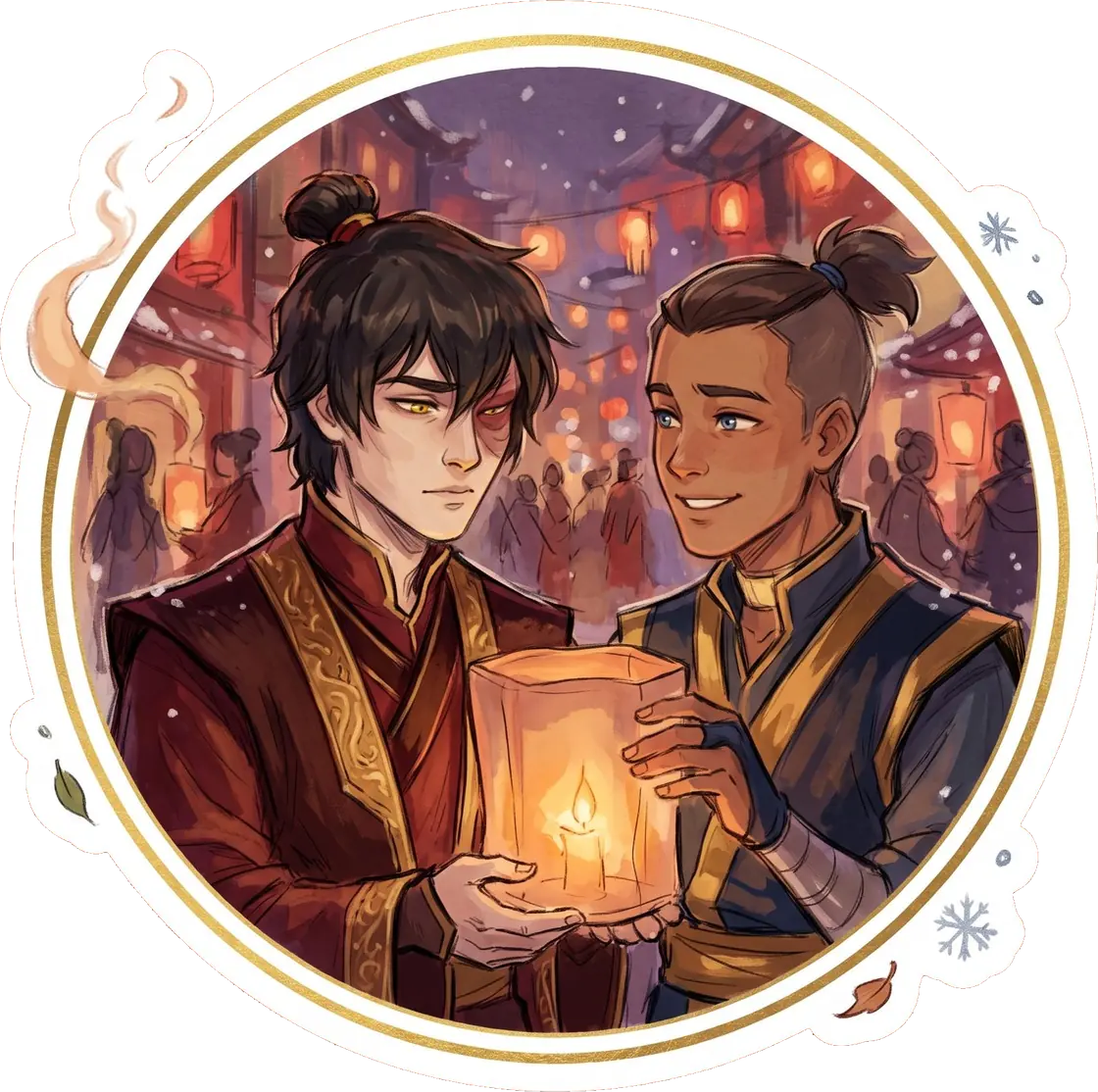 Zuko and Sokka admire the glowing sky lanterns at a lively traditional Fire Nation festival.
