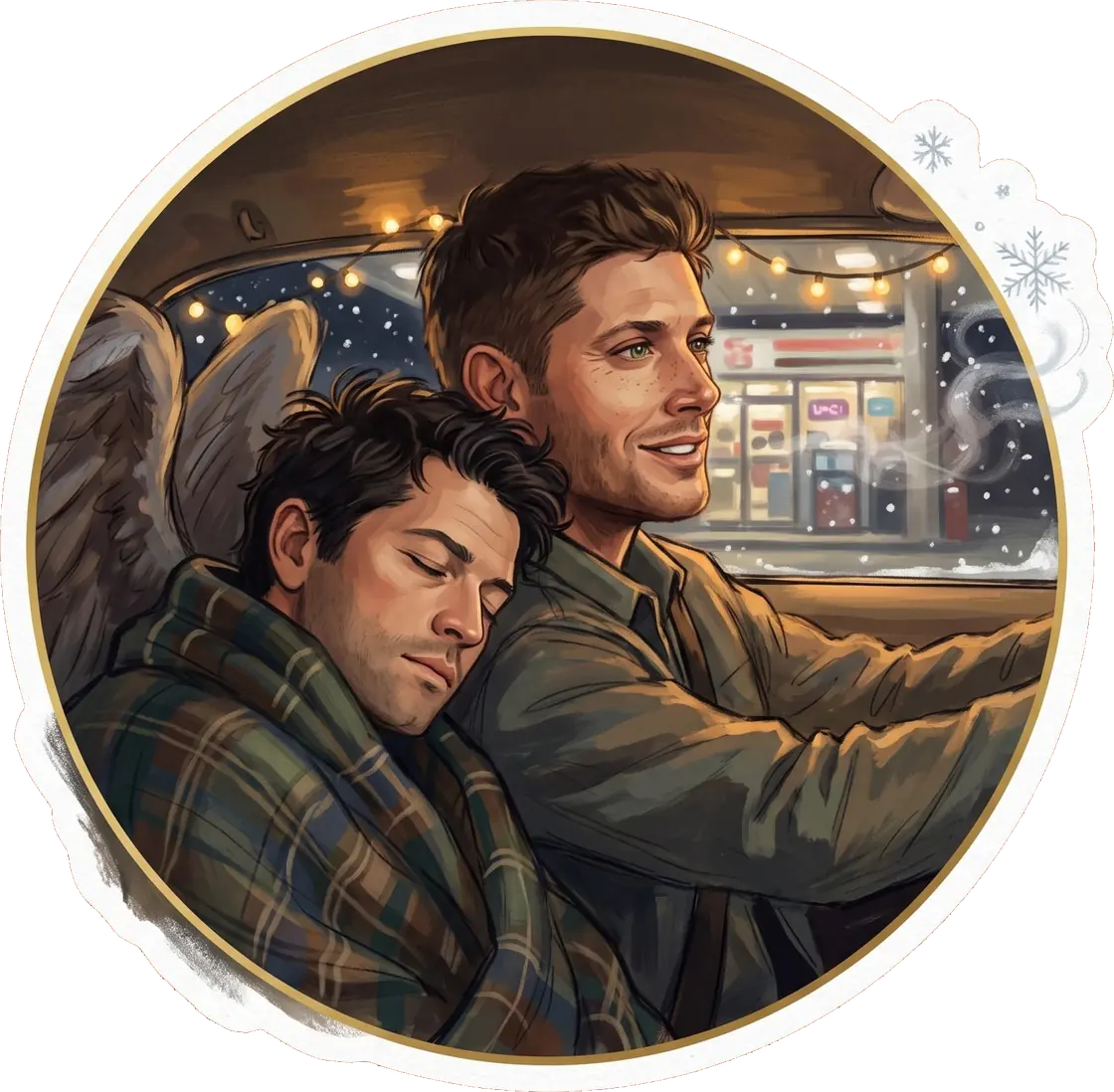 Castiel rests his heavy head on Dean's leather-clad shoulder during a long, quiet night drive.