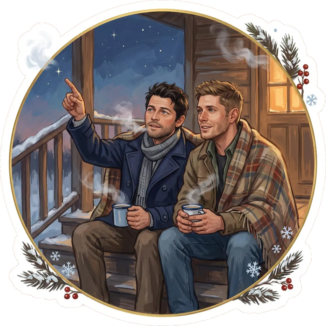 Dean and Castiel sit side by side on a rustic wooden porch to watch the winter stars.