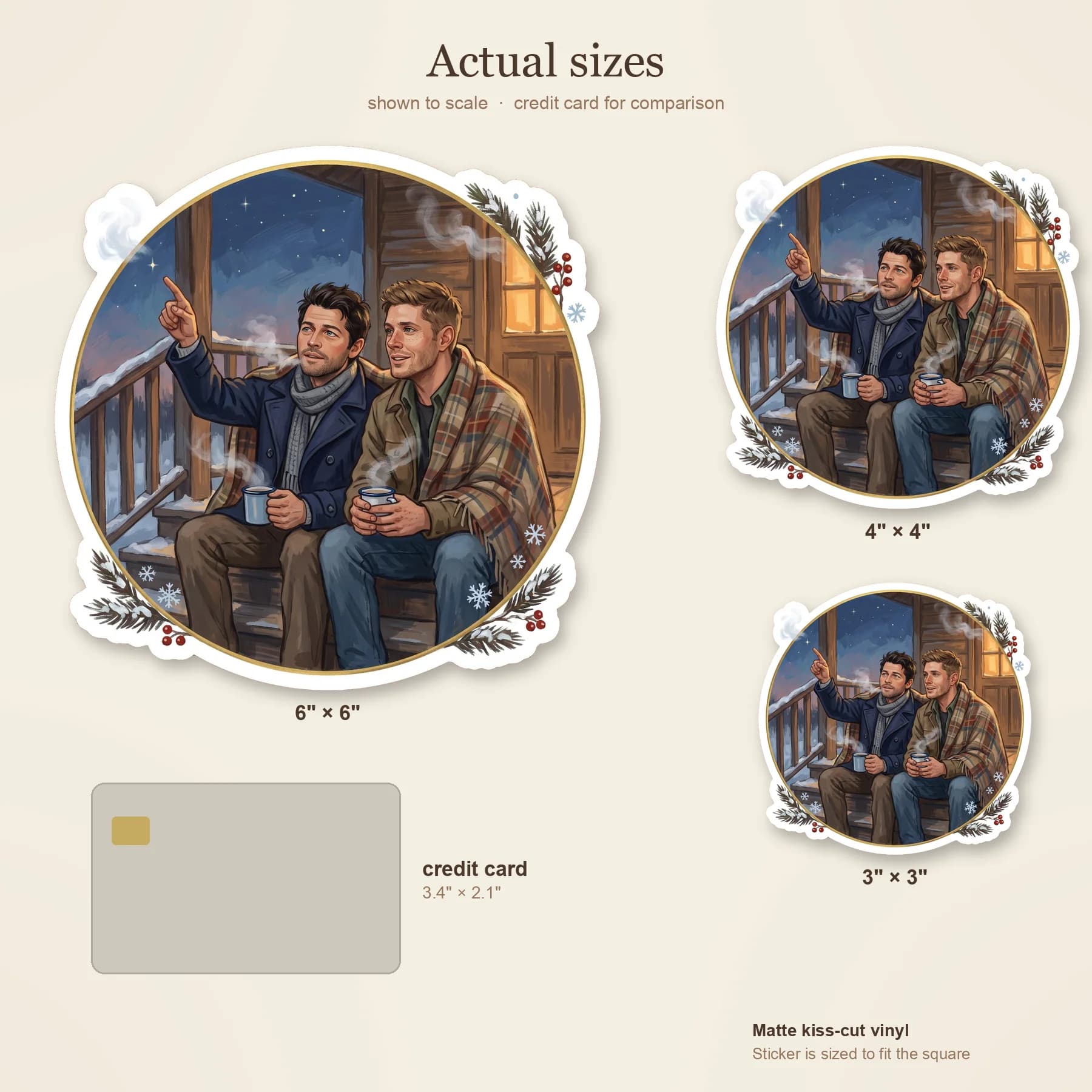 Dean and Castiel sit side by side on a rustic wooden porch to watch the winter stars., view 3