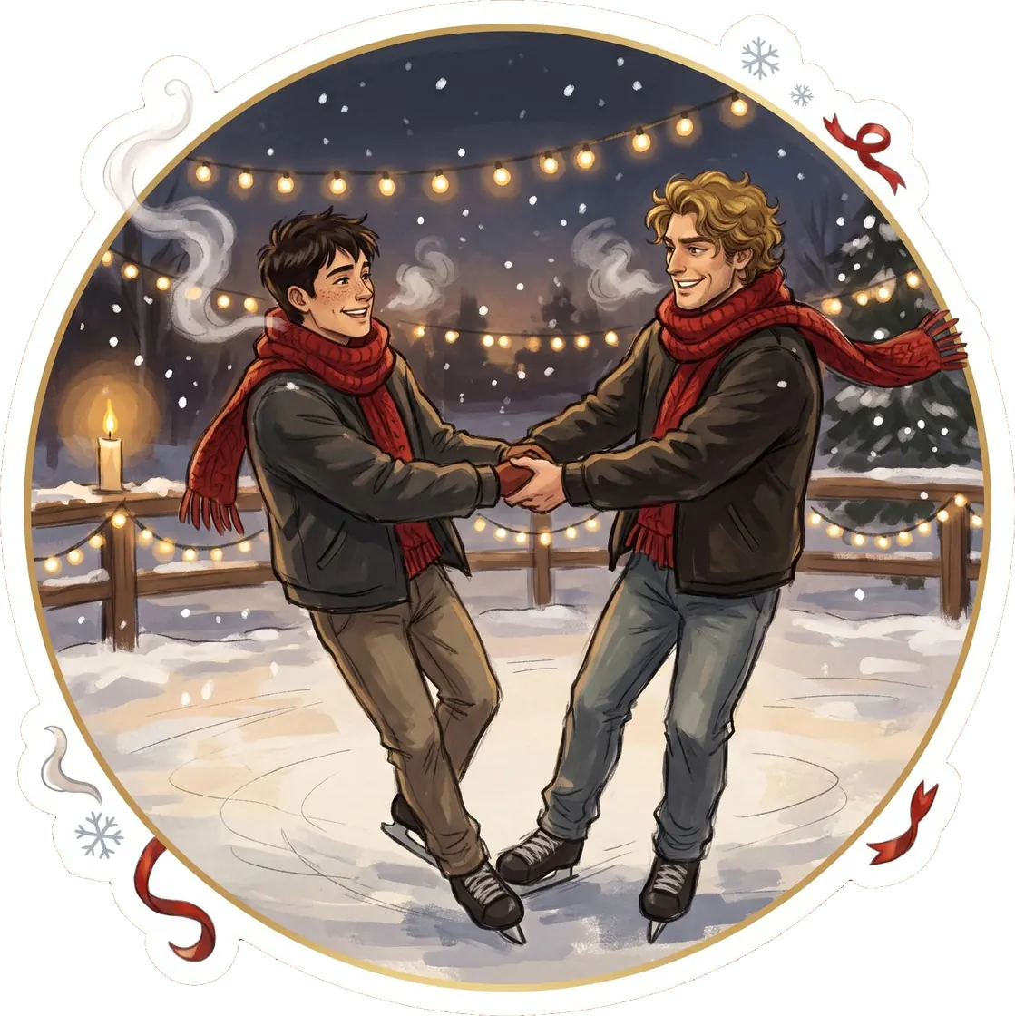 Ilya and Shane bundle up for a quiet afternoon of ice skating on a frozen outdoor rink.