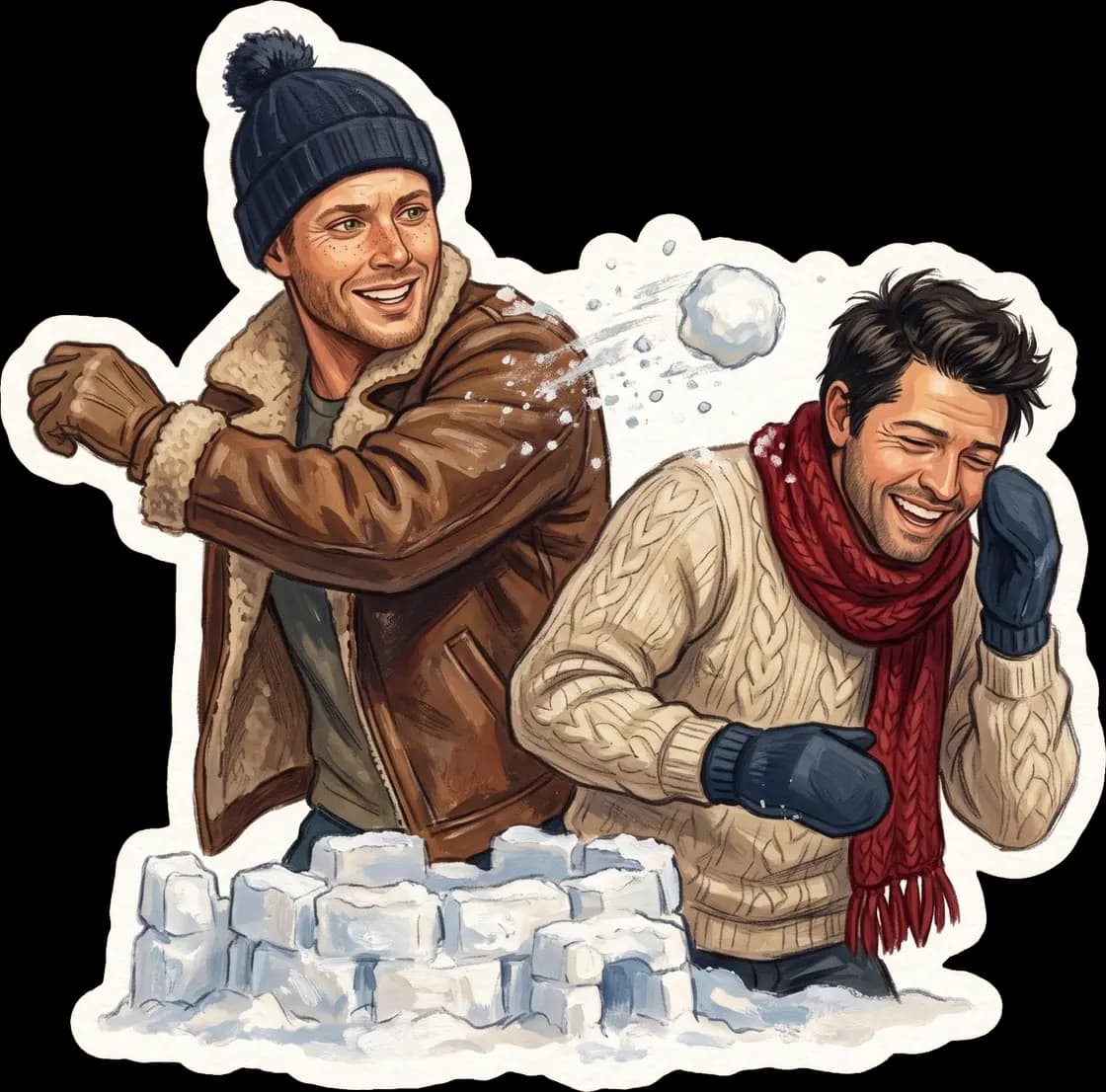 Dean and Castiel engage in a highly competitive snowball fight outside the snowy bunker.