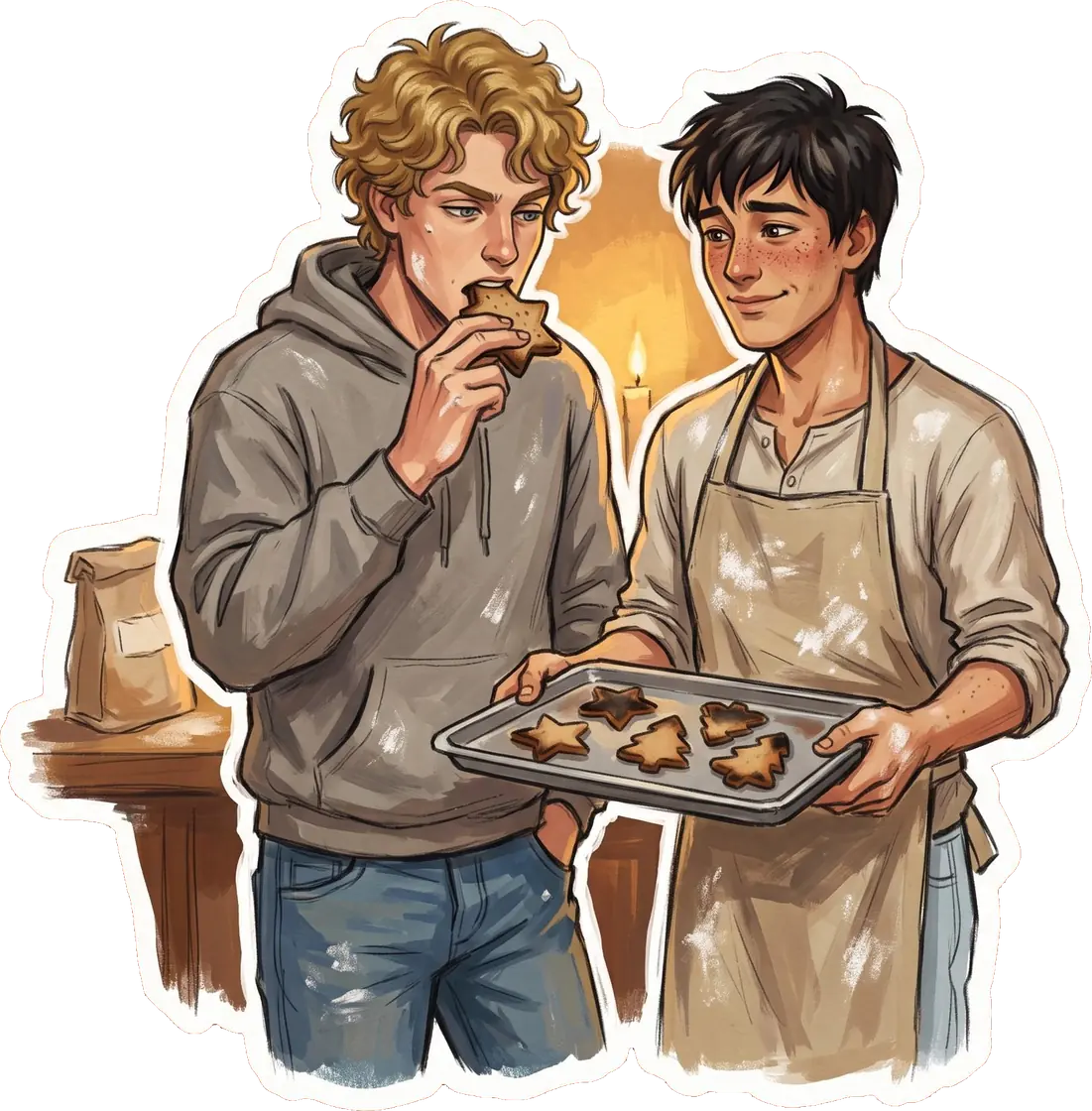 Shane frowns at a tray of severely charred gingerbread cookies while baking in the kitchen.