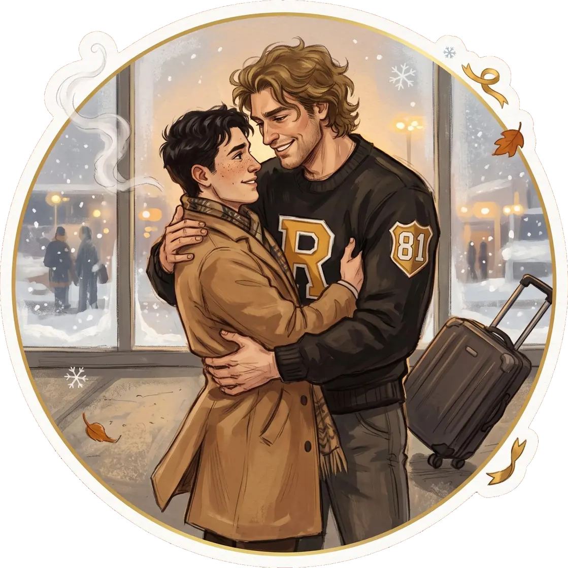 Ilya and Shane finally embrace warmly in the falling snow after a long airport separation.
