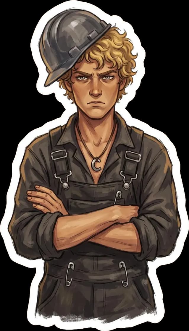 Haymitch reluctantly models his District Twelve tribute parade outfit featuring standard heavy coal miner overalls.