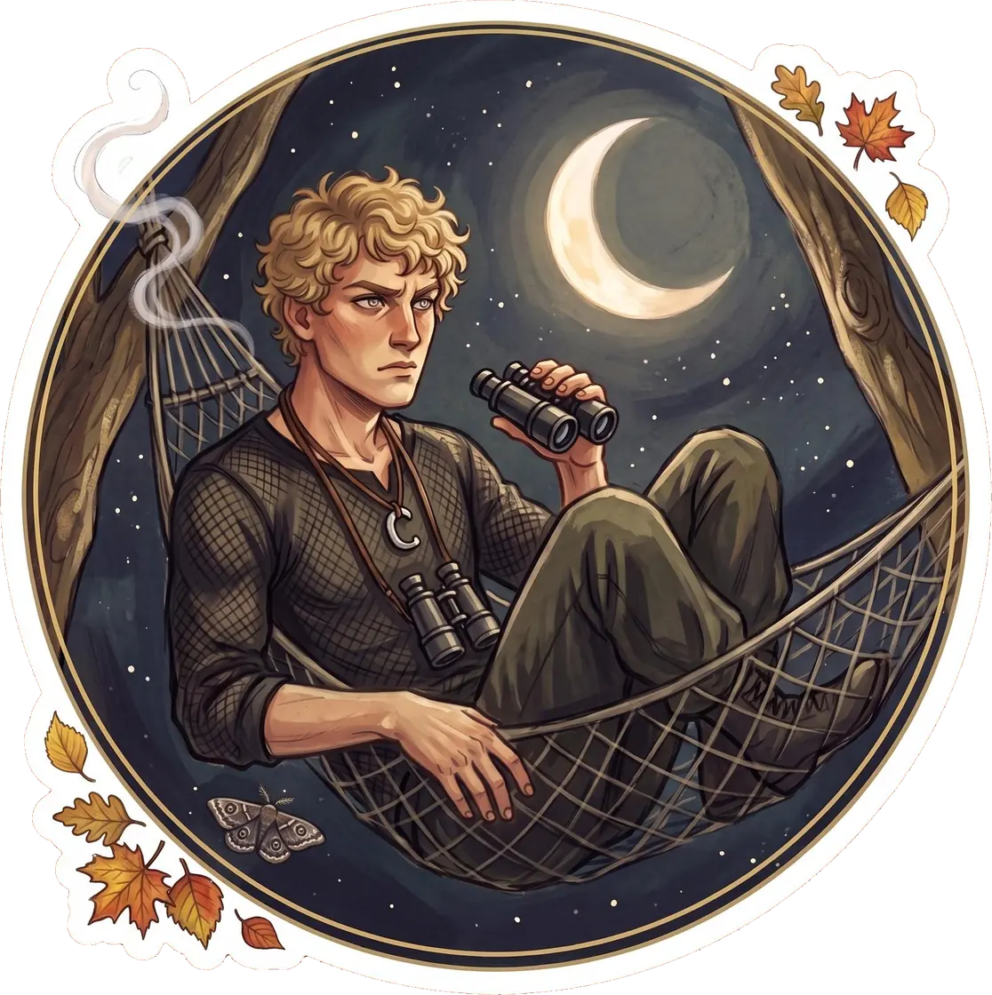 Haymitch takes the tense night watch while resting in his makeshift hammock beneath the pale arena moonlight.