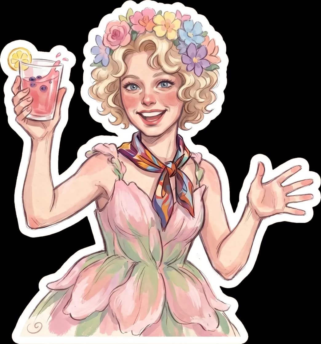 Effie celebrates the festive seasonal party wearing an elaborate crown made of carefully woven spring flowers.