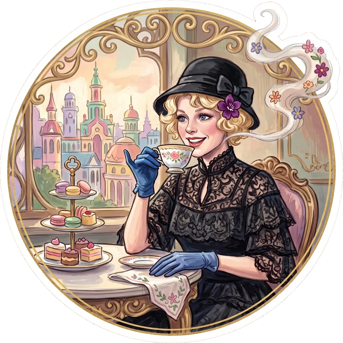 Effie enjoys an elegant Capitol tea party surrounded by delicate lace and a colorful array of sweet macarons.