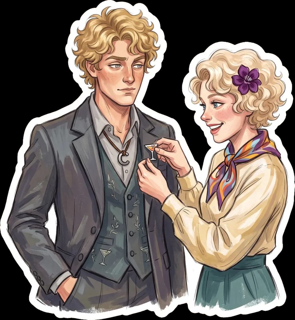 Effie carefully pins a fresh lapel flower to Haymitch's suit as she readies him for the tribute interviews.