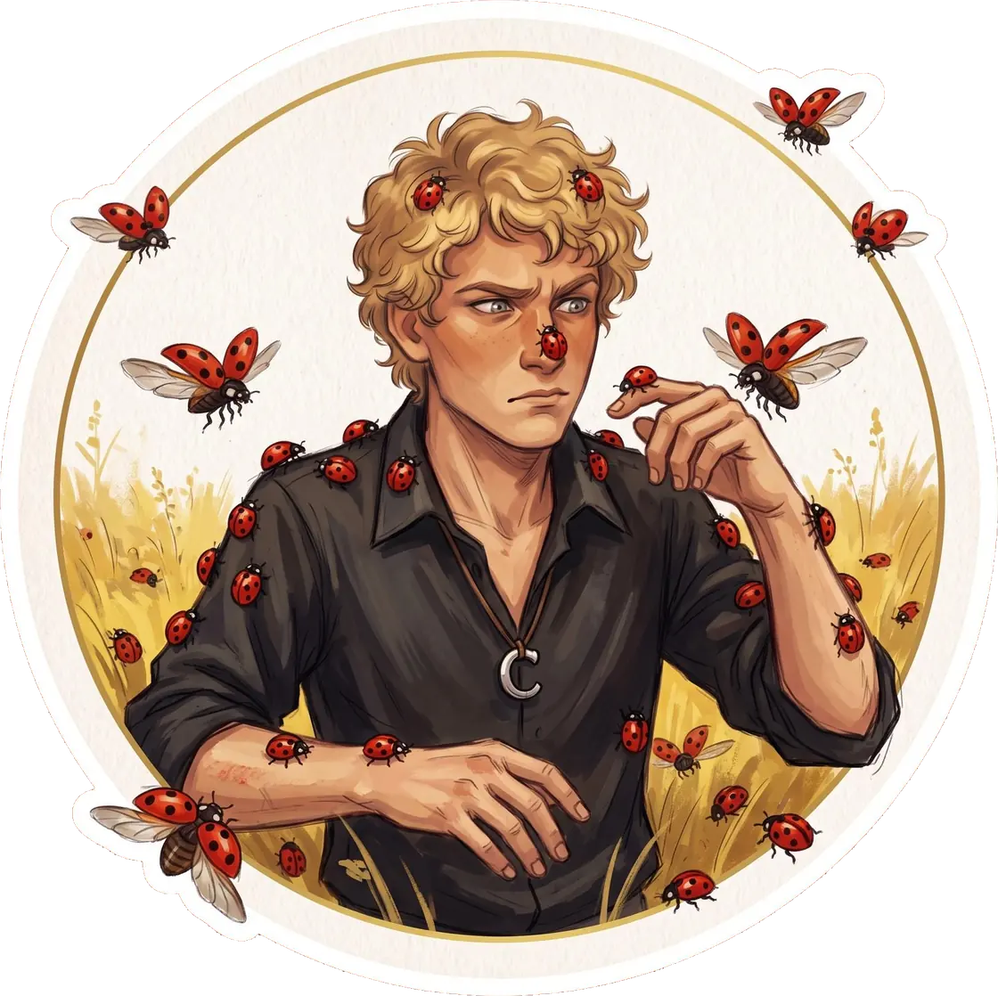 Haymitch sits quietly as a swarm of vividly colored ladybugs rests gently on his shoulders within the arena.