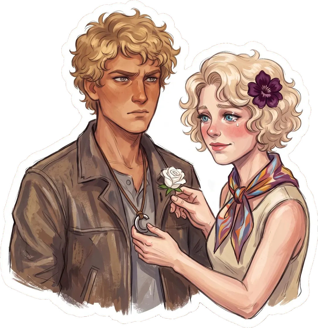 Effie stands closely beside Haymitch as a white rose signifies the heavy reality of his victor crowning ceremony.