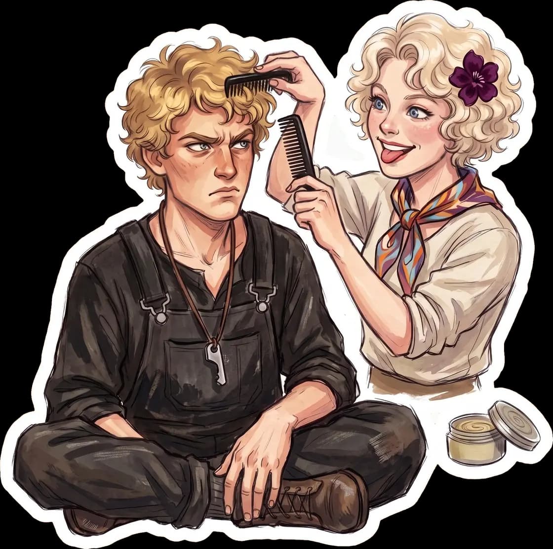 Effie gently attempts to comb through Haymitch's unruly curls in preparation for the upcoming tribute chariot parade.