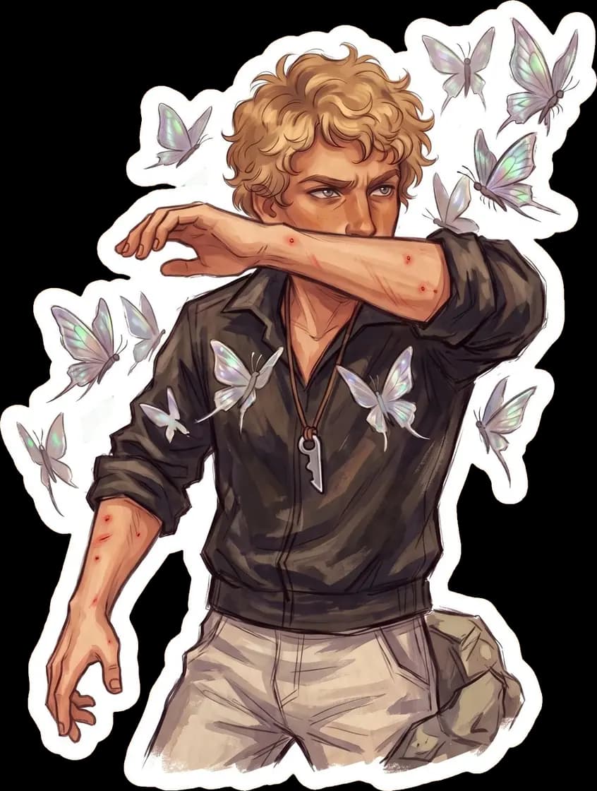 A swarm of deceptive pink butterflies aggressively surrounds Haymitch as he navigates the dangers of the arena.
