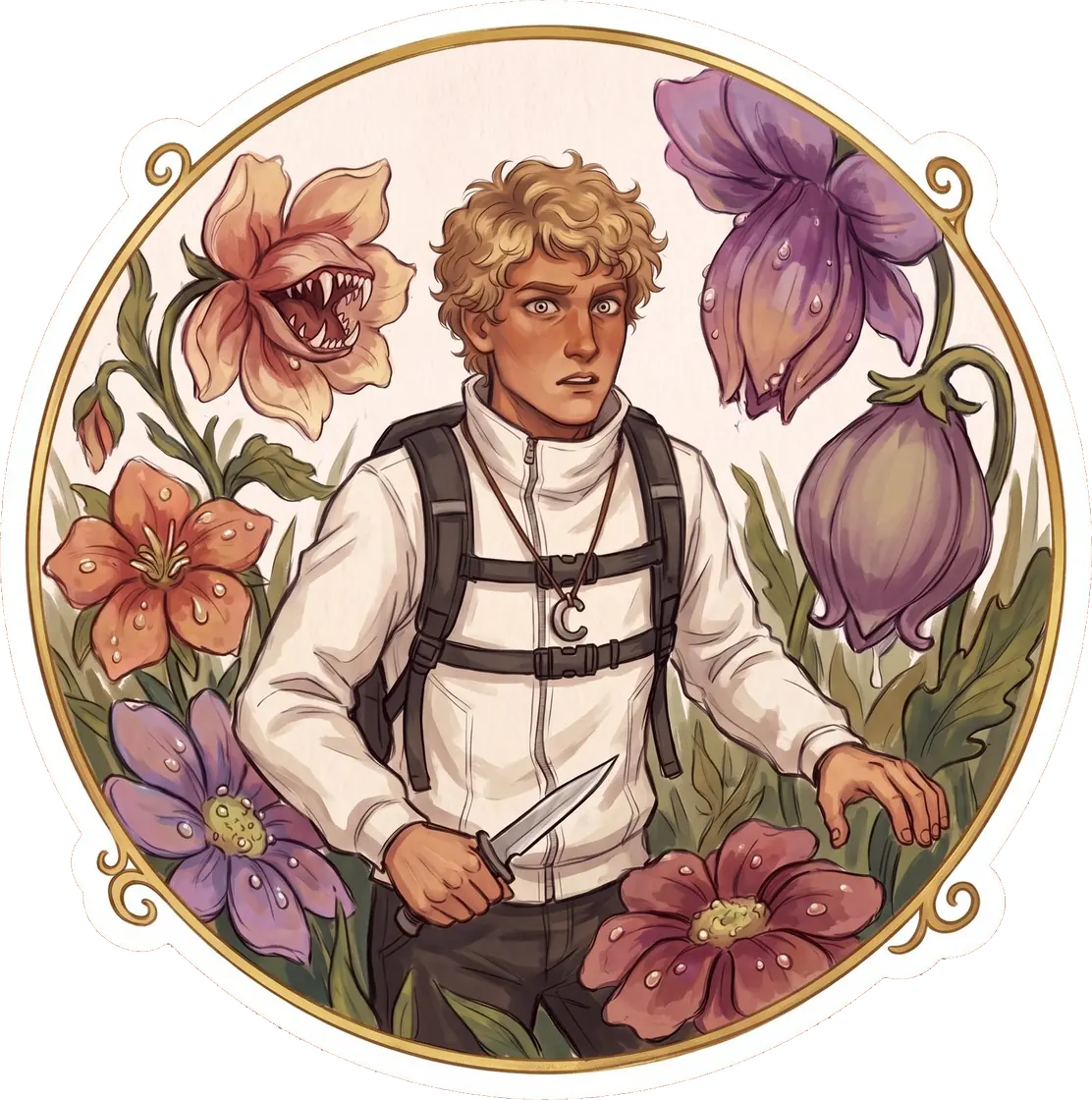 Haymitch steps cautiously through a vibrant field of delicate flowers that hide a deeply toxic secret.