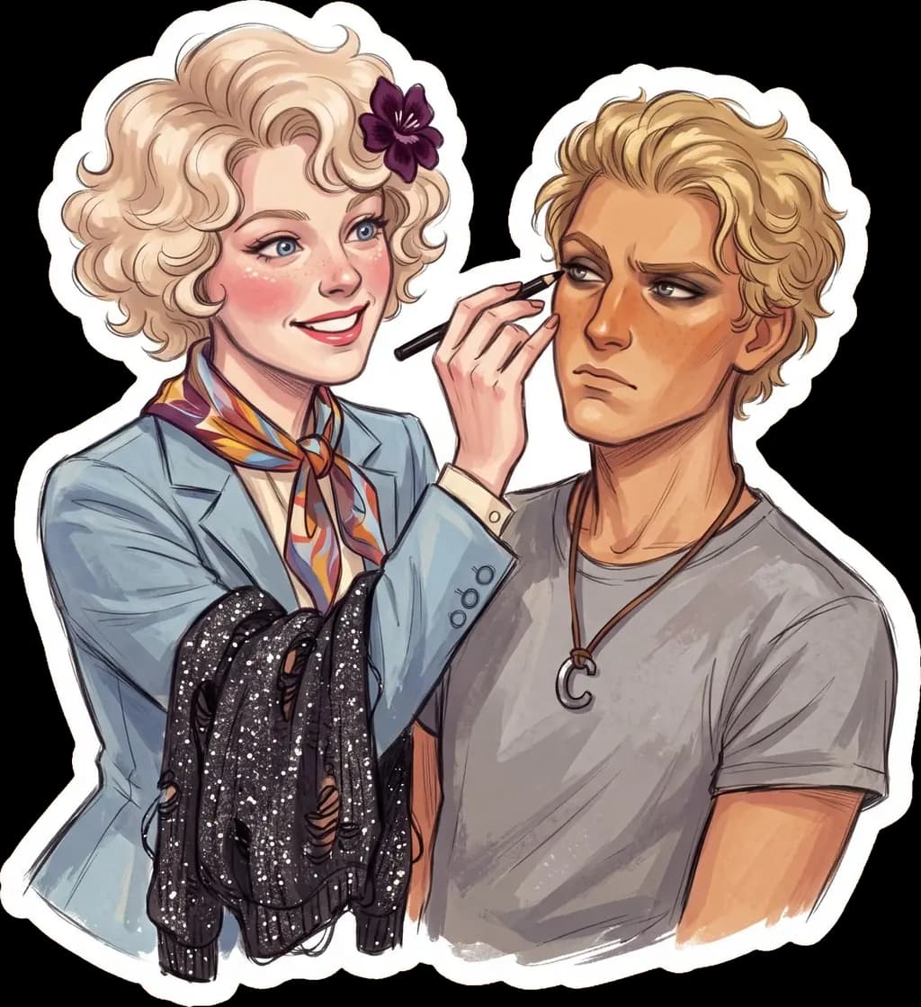Effie carefully applies dark dramatic makeup to Haymitch before he makes his debut in the tribute chariot.