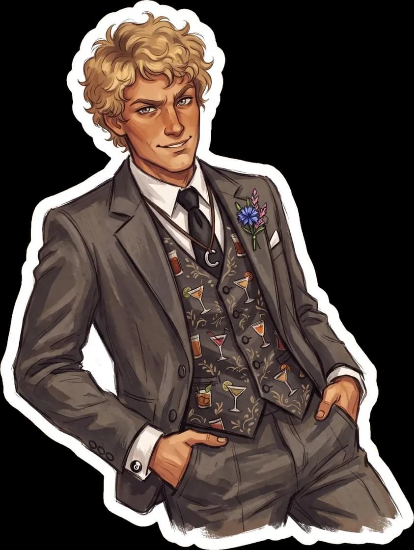 Haymitch sports his infamous vest covered in glittering cocktail glasses for the tribute interview night.