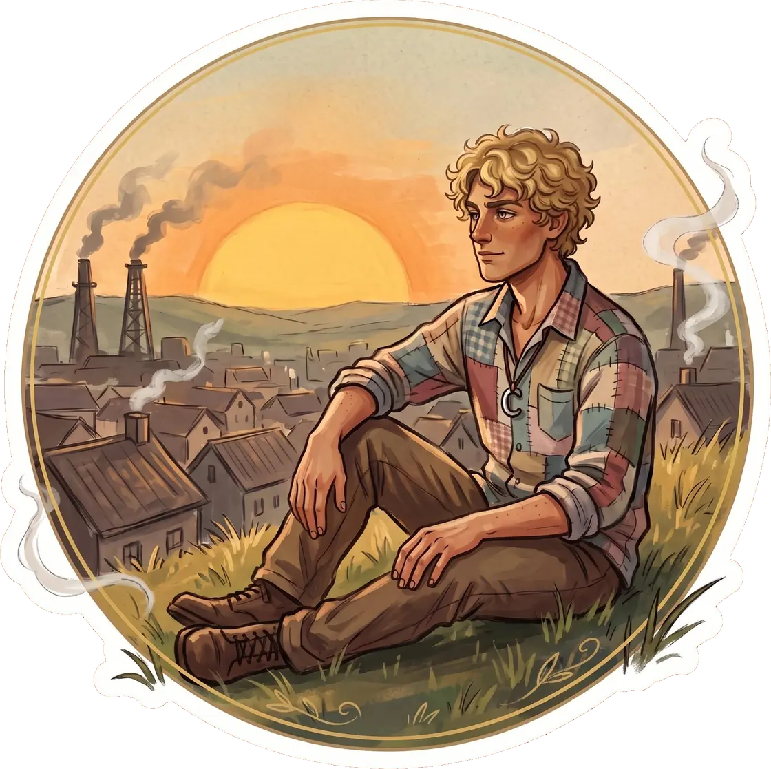 Haymitch sits alone on a quiet hill while the first rays of dawn break over District 12.