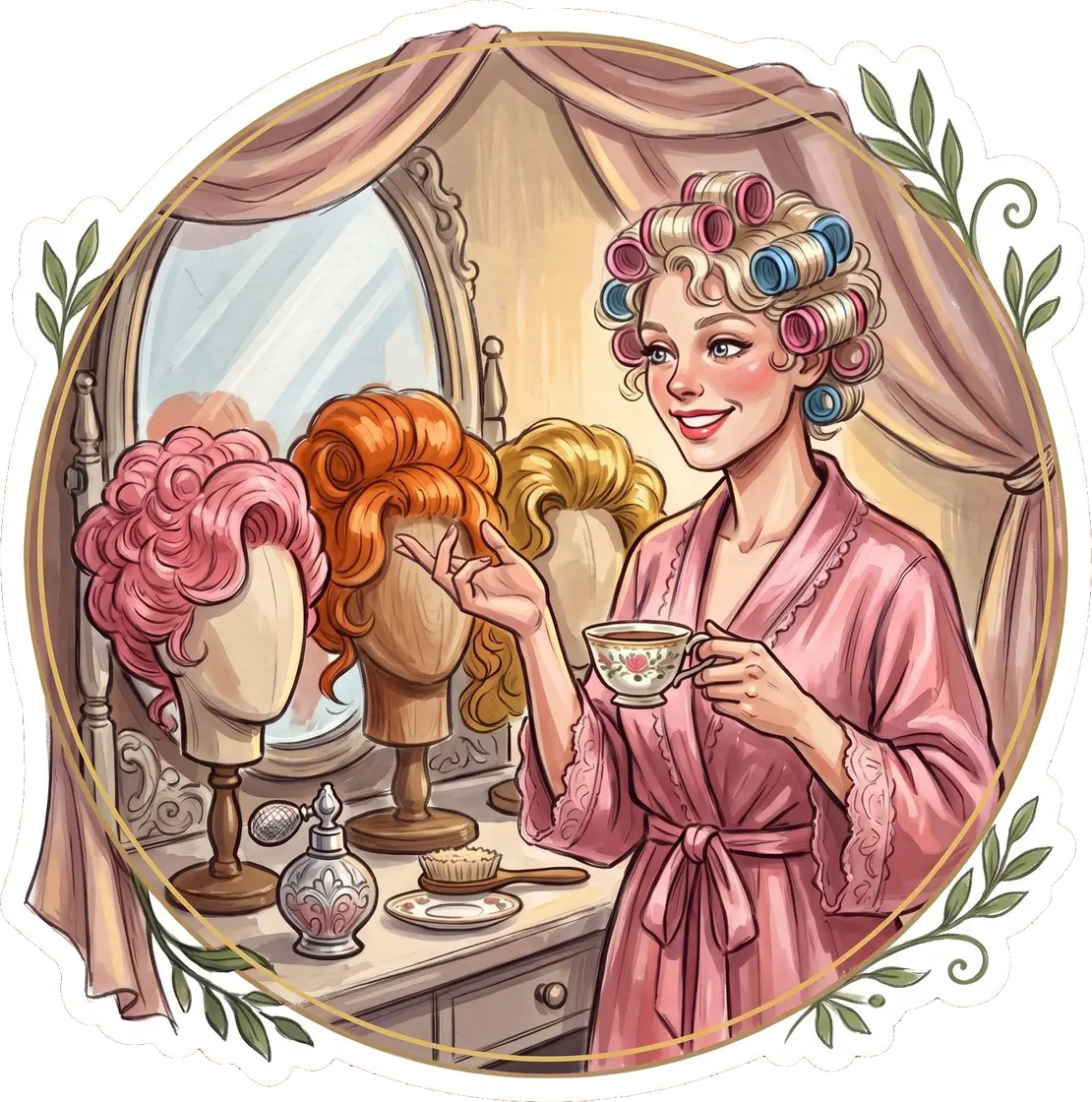 Effie contemplates her colorful array of extravagant hairpieces while wearing her hair in classic styling rollers.